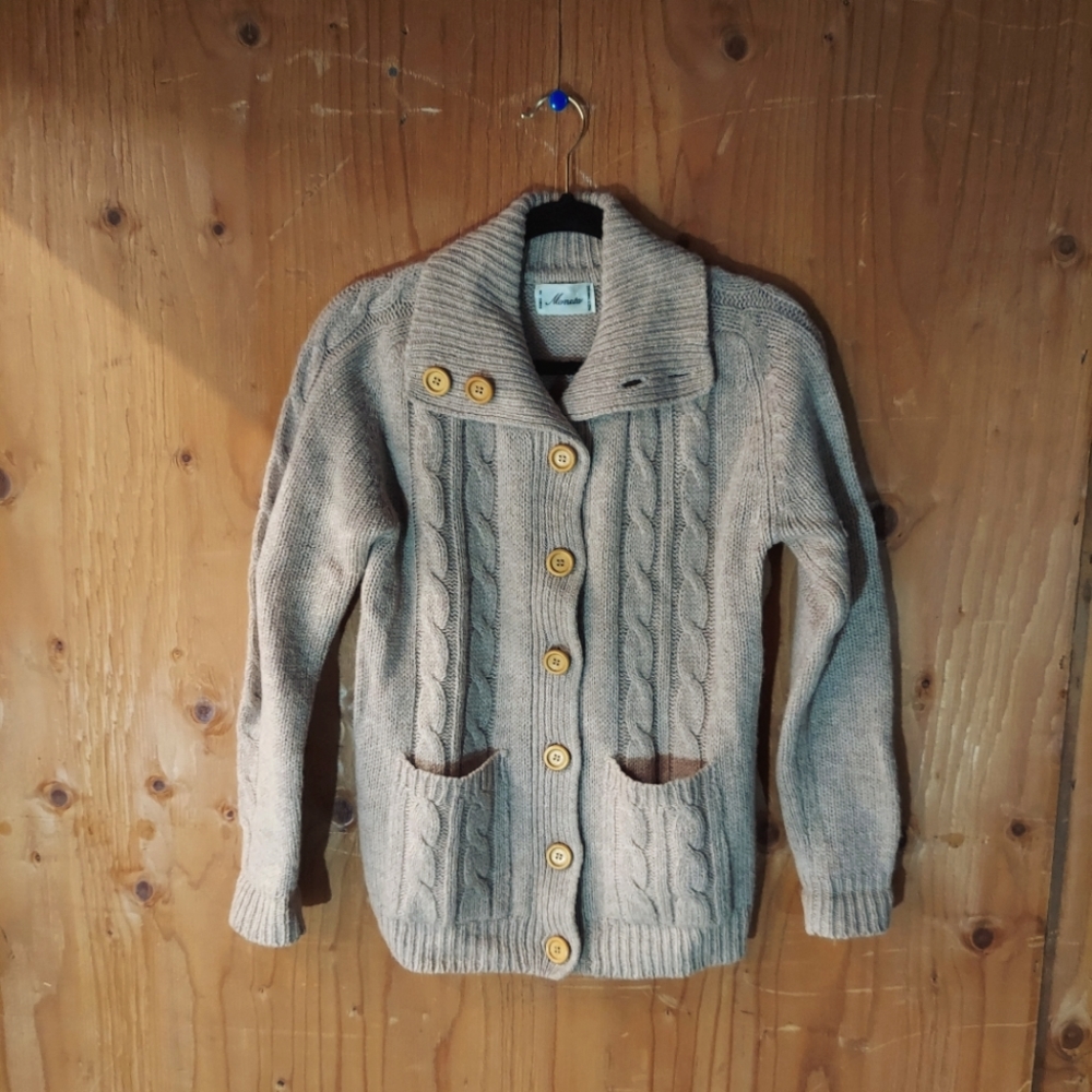 Moneta Vintage Wool Beige Cable Knit Button Up Cardigan Sweater